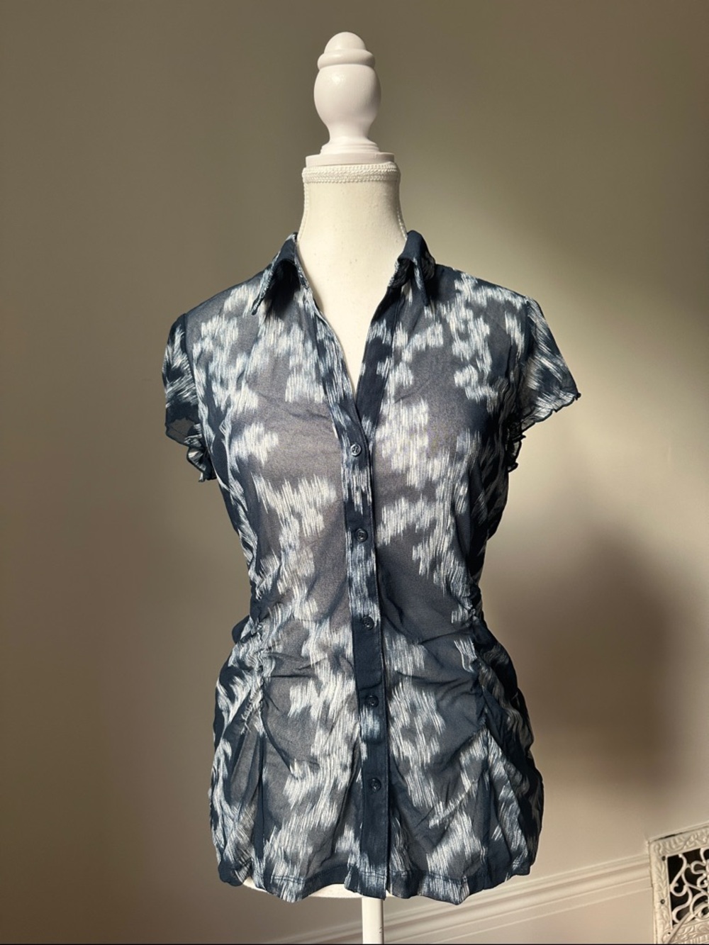 MEXX Y2K Floral Sheer Cinched Preppy Short Sleeve Button Down Size Large